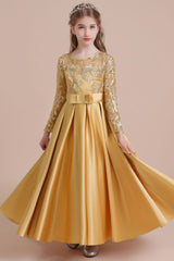 A-Line Long Sleeve Satin Ankle Length Flower Girl Dress Online