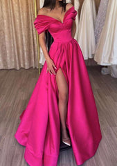 A-Line Off-the-Shoulder Long/Floor-Length Satin Prom Dress/Evening Dress with Ruffles Split