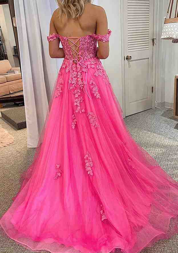A-Line Off-the-Shoulder Sleeveless Court Train Laced Tulle Prom Dress/Evening Dress With Beading Pockets Split