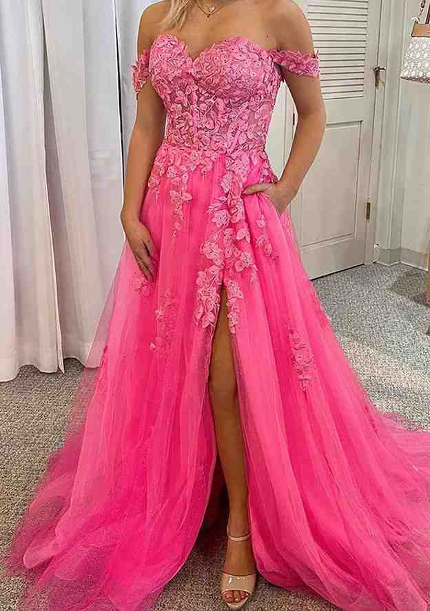 A-Line Off-the-Shoulder Sleeveless Court Train Laced Tulle Prom Dress/Evening Dress With Beading Pockets Split