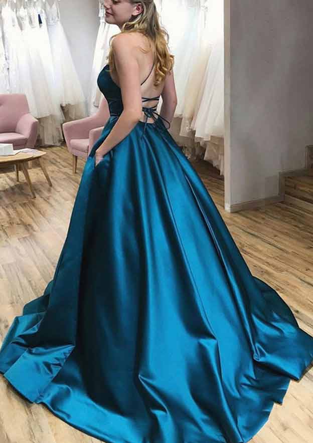 A-Line Satin Prom Dress/Evening Dress with Pleated Pockets and Spaghet Newinlook A-Line Satin Prom Dress/Evening Dress with Pleated Pockets and Spaghet Newinlook