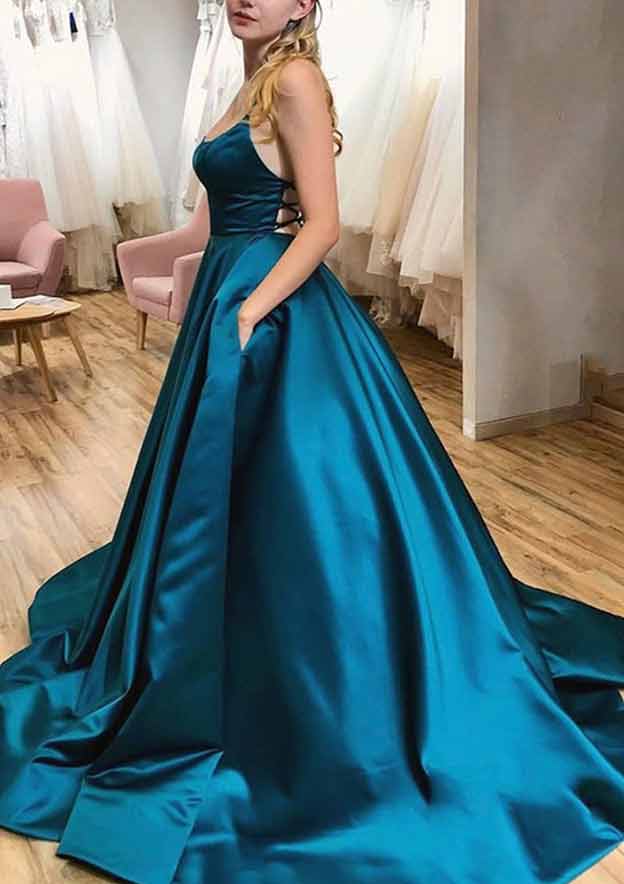 Emerald Green Prom Dresses 2023 A-Line Satin Prom Dress/Evening Dress With Pleated Pockets And Emerald Green Prom Dresses 2023 A-Line Satin Prom Dress/Evening Dress With Pleated Pockets And