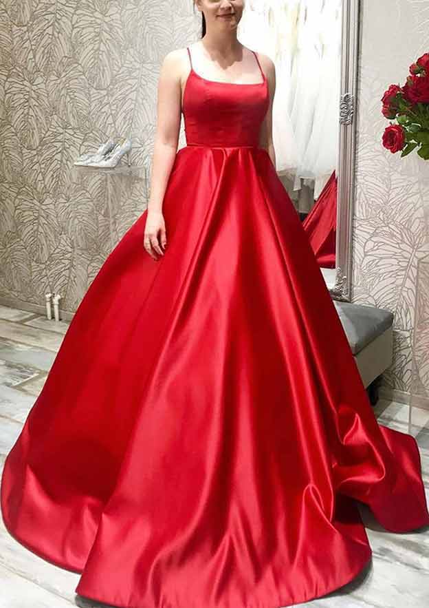 A-Line Satin Prom Dress/Evening Dress with Pleated Pockets and Spaghet Newinlook A-Line Satin Prom Dress/Evening Dress with Pleated Pockets and Spaghet Newinlook