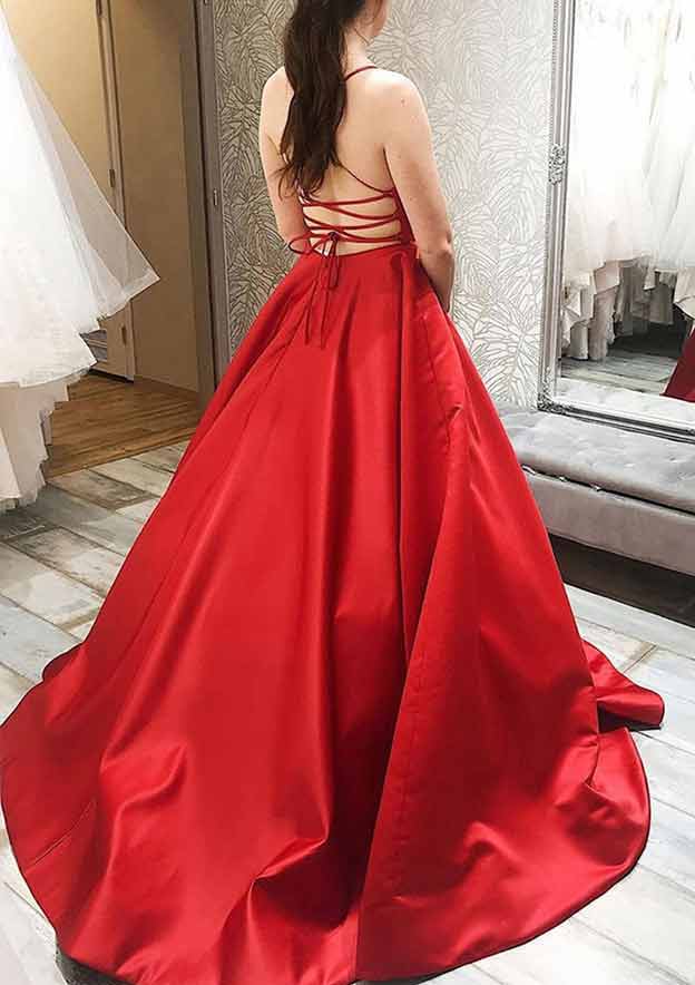 A-Line Satin Prom Dress/Evening Dress with Pleated Pockets and Spaghet Newinlook A-Line Satin Prom Dress/Evening Dress with Pleated Pockets and Spaghet Newinlook