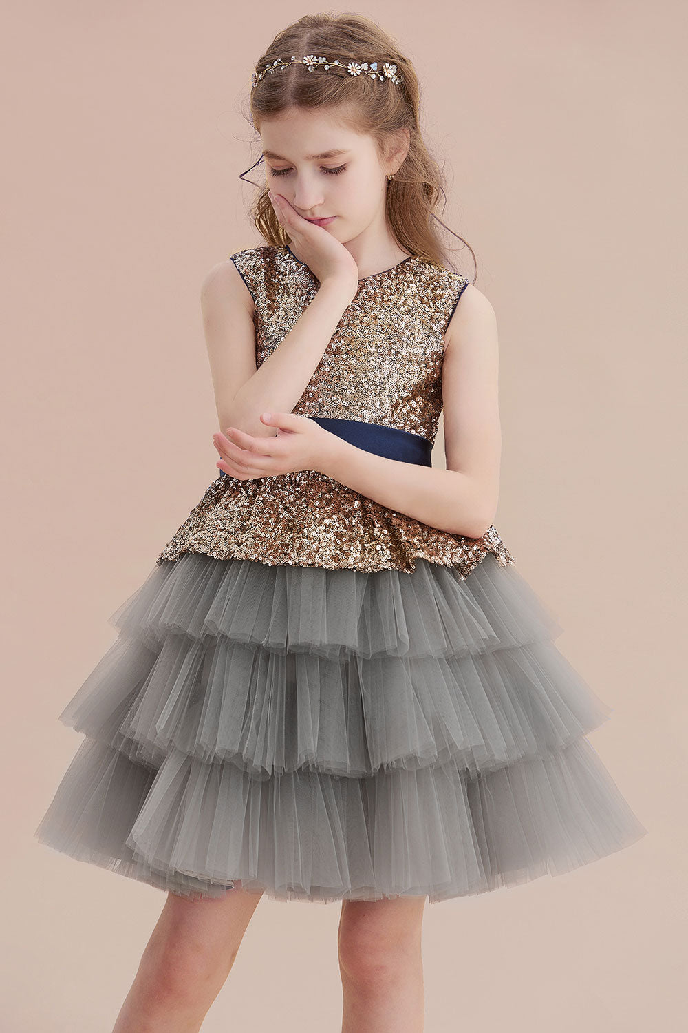 A-Line Sequins Tulle Knee Length Flower Girl Dress On Sale