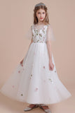 A-Line Short Sleeve Embroidered Tulle Flower Girl Dress On Sale