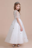 A-Line Short Sleeve Embroidered Tulle Flower Girl Dress On Sale