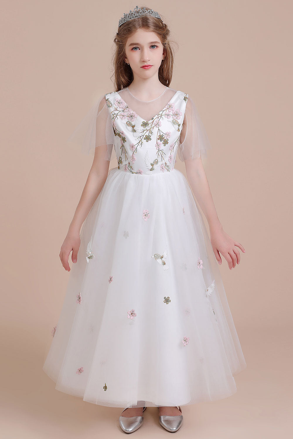 A-Line Short Sleeve Embroidered Tulle Flower Girl Dress On Sale
