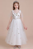 A-Line Short Sleeve Embroidered Tulle Flower Girl Dress On Sale