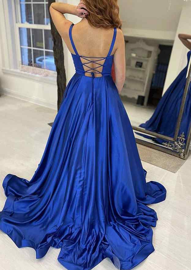 A-Line Square Neckline Satin Prom Dress/Evening Dress With Pockets and Sweep Train