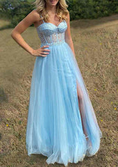 A-Line Sweetheart Spaghetti Straps Tulle Prom Dress/Evening Dress with Split Applique