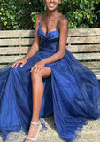A-Line Sweetheart Spaghetti Straps Tulle Prom Dress/Evening Dress with Split Applique