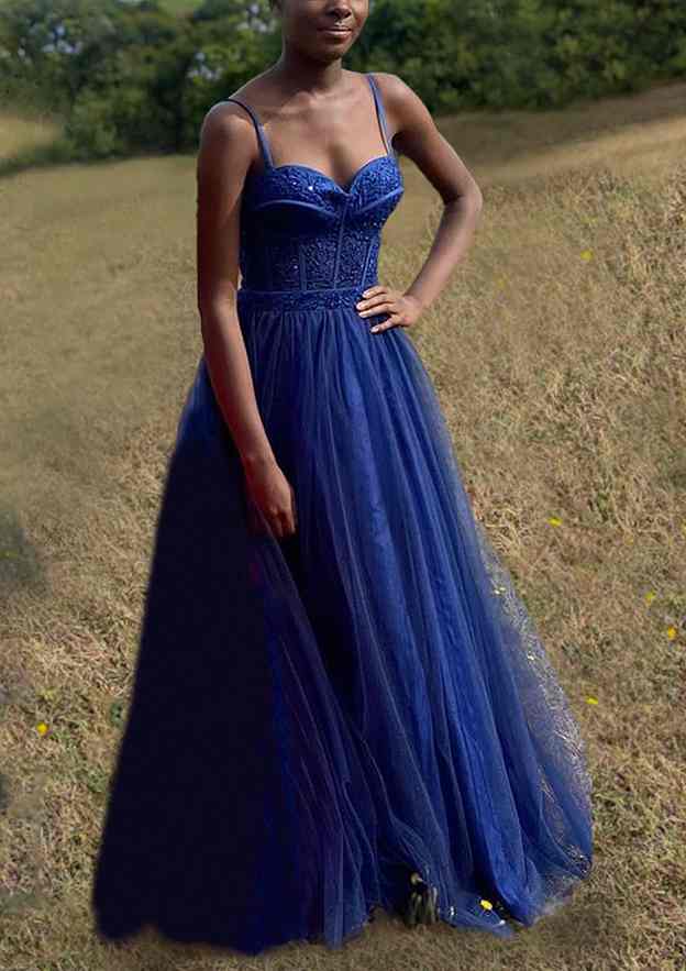 A-Line Sweetheart Spaghetti Straps Tulle Prom Dress/Evening Dress with Split Applique