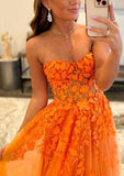 A-Line Sweetheart Strapless Tulle Prom Dress/Evening Dress With Appliqued for Long/Floor-Length Look