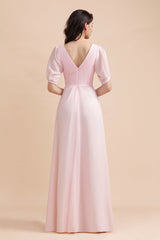 A-Line V-Neck Chiffon Ruffles Bridesmaid Dress with Short Sleeves