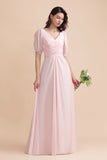 A-Line V-Neck Chiffon Ruffles Bridesmaid Dress with Short Sleeves