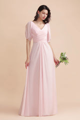 A-Line V-Neck Chiffon Ruffles Bridesmaid Dress with Short Sleeves