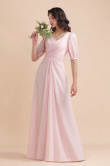 A-Line V-Neck Chiffon Ruffles Bridesmaid Dress with Short Sleeves