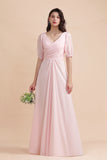 A-Line V-Neck Chiffon Ruffles Bridesmaid Dress with Short Sleeves