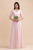 A-Line V-Neck Chiffon Ruffles Bridesmaid Dress with Short Sleeves