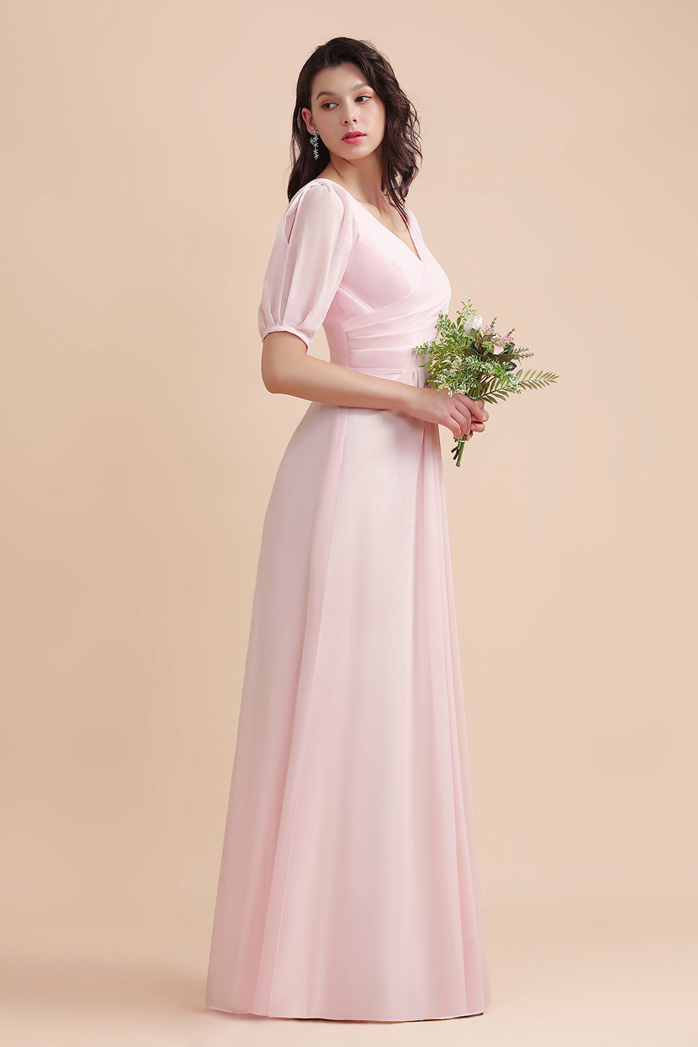 A-Line V-Neck Chiffon Ruffles Bridesmaid Dress with Short Sleeves