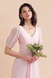 A-Line V-Neck Chiffon Ruffles Bridesmaid Dress with Short Sleeves