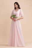 A-Line V-Neck Chiffon Ruffles Bridesmaid Dress with Short Sleeves