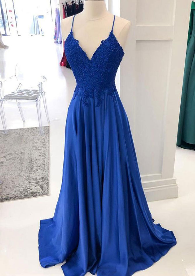 A-Line V-Neck Sleeveless Charmeuse Prom Dress/Evening Dress With Appliqued Beading Laced for Long/Floor-Length Look