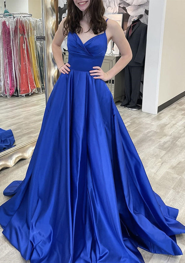 A-Line V-Neck Sleeveless Court Train Satin Prom Dress/Evening Dress with Bowknot Pleated Waistband