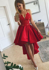 A-Line V-Neck Sleeveless Satin Asymmetrical Homecoming Dress with Appliqued Laced