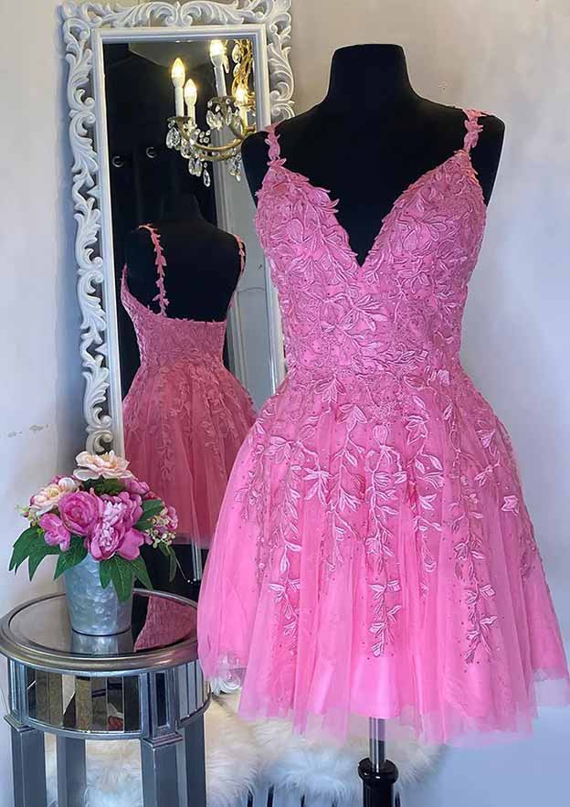 A-Line V-Neck Sleeveless Short/Mini Tulle Homecoming Dress with Appliqued Beading