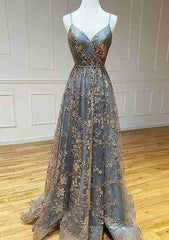 A-Line V-Neck Sleeveless Sweep Train Tulle Satin Prom Dress/Evening Dress With Appliqued Split