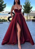A-Line V-Neck Spaghetti Straps Long/Floor-Length Satin Prom Dress/Evening Dress with Split Pockets and Beading