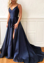 A-Line/Princess V-Neck Sleeveless Satin Sweep Train Prom Dress/Evening Dress with Split