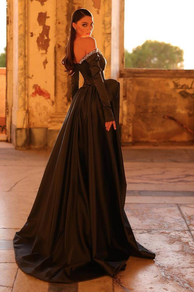 Off the Shoulder Long Sleeves Long Split Formal Dress With Beading