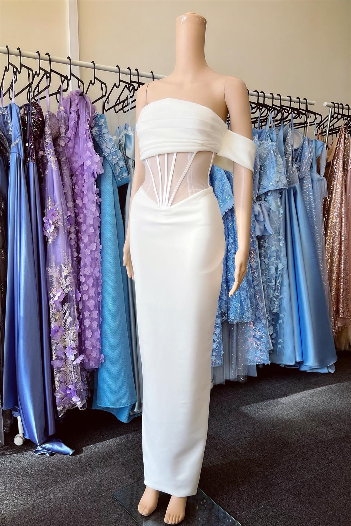 White Off the Shoulder Strapless Mermaid Formal Dress With Pleated