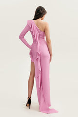 One Shoulder Long Sleeves High Split Long Formal Dress With Ruffles