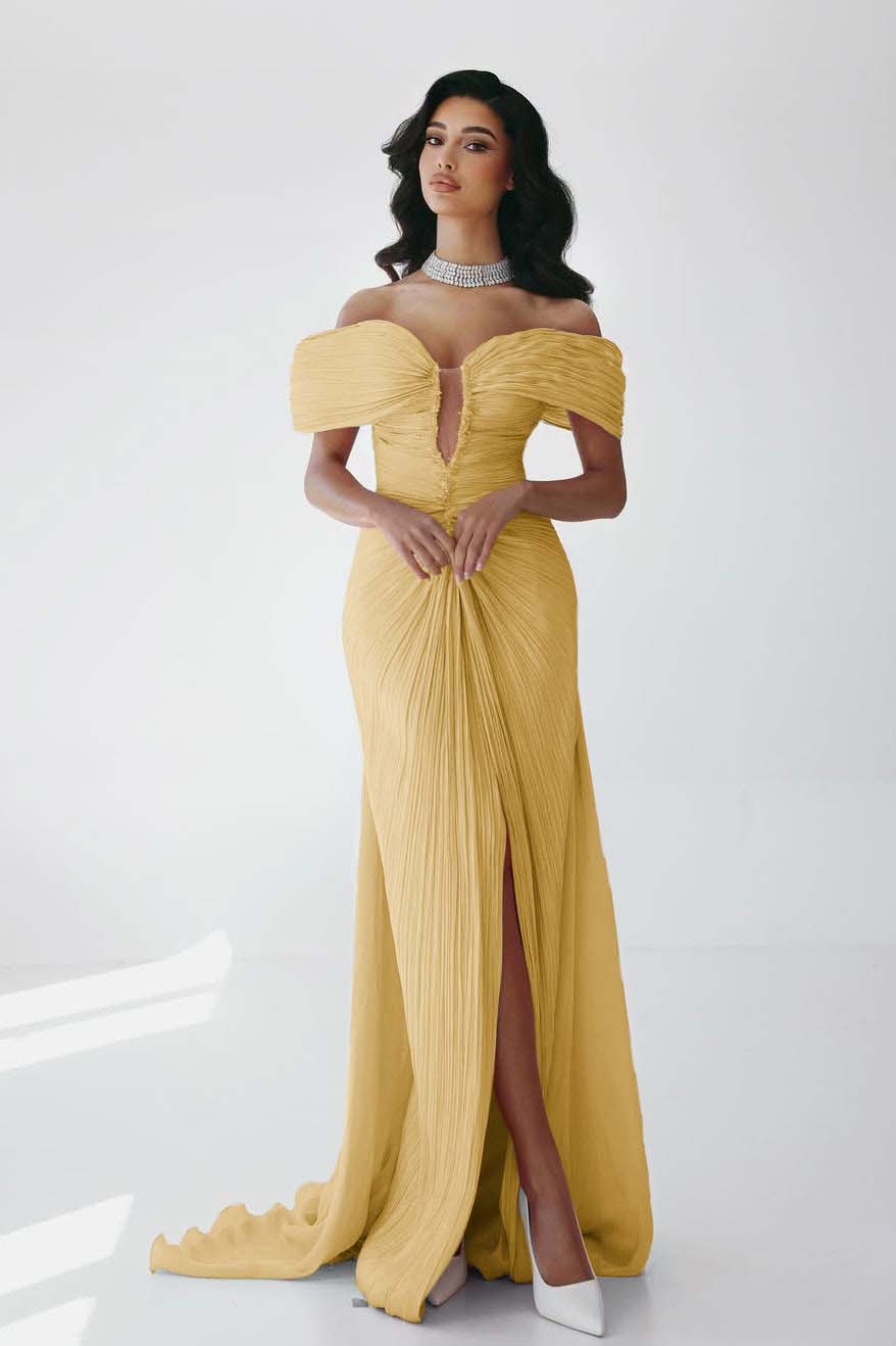 Off the Shoulder Sleeveless Long Mermaid Formal Dress With Ruffles Pleated