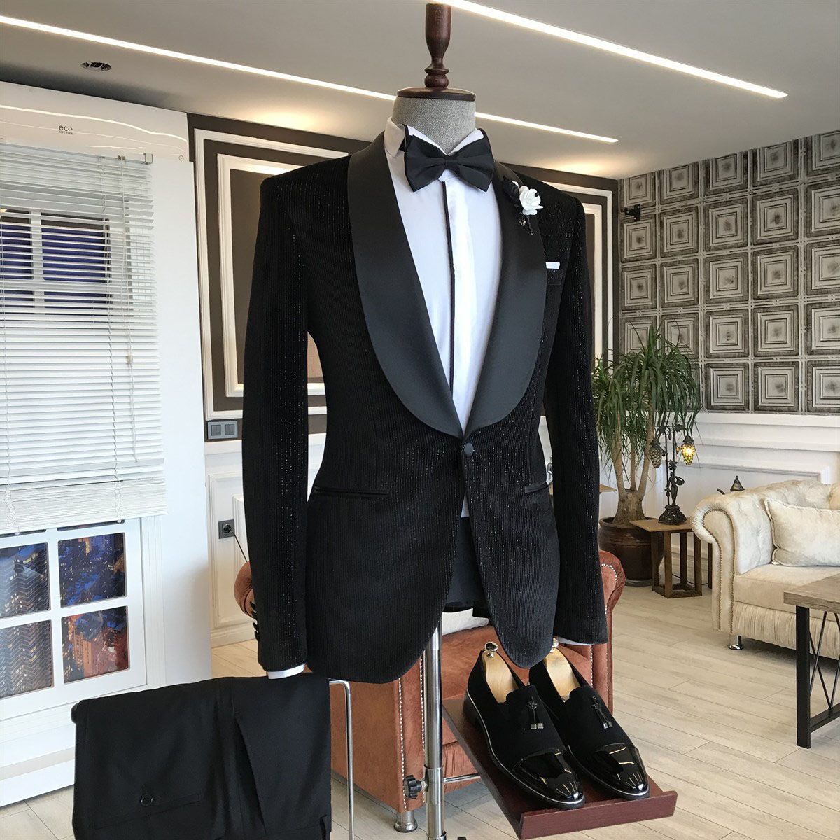 Newinlook Gentle Black Shawl Lapel Wedding Suit with One Button and Easy Fit