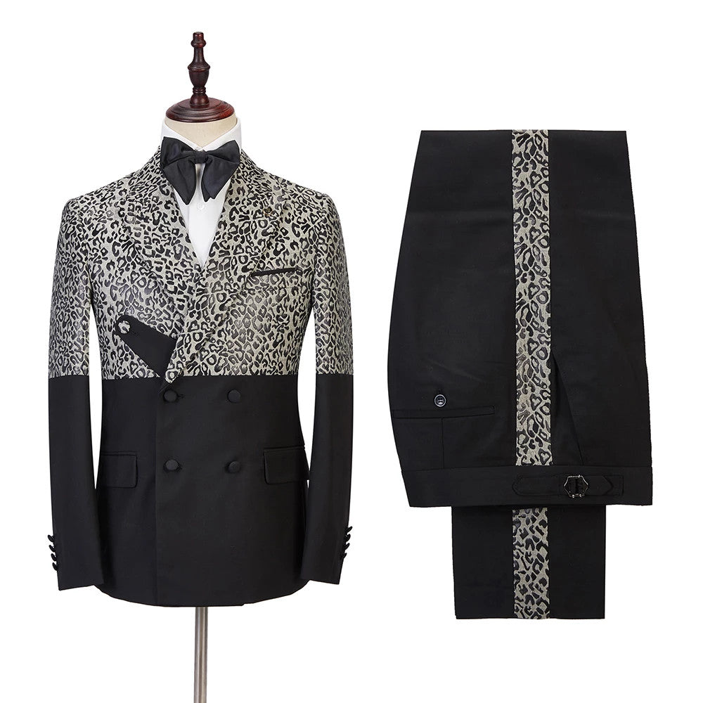 Newinlook Stylish Black Leopard Print Double-Breasted Outfit for Men