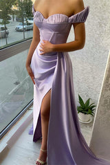 Newinlook Stunning Lilac Off-The-Shoulder Slit Evening Dress Long With Ruffle