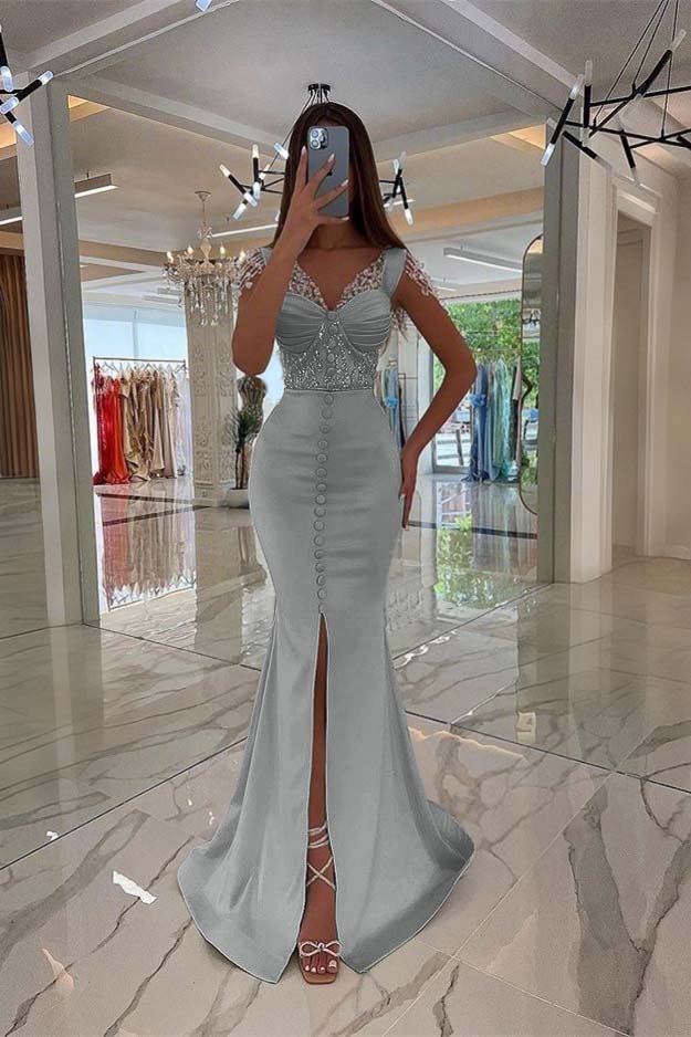 Amazing Mint Green Cap Sleeves Formal Dress Long Front Slit With Buttons Beads