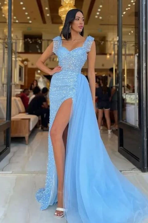 Newinlook Modern Slit Sky Blue Sweetheart Sequins Straps Mermaid Evening Dress Tulle With Detachable Ruffles