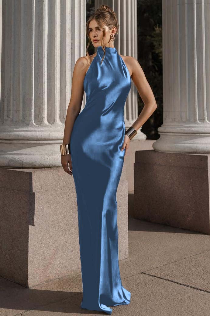 Halter Sleeveless Backless Mermaid Long Formal Dress With Pleated