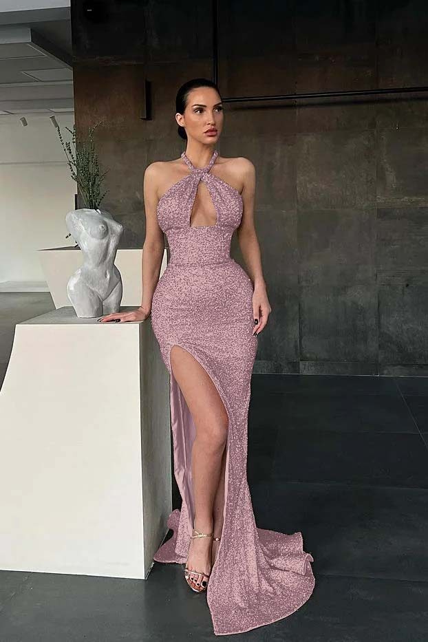 Halter Sleeveless Long Mermaid Formal Dress With Split Sequins