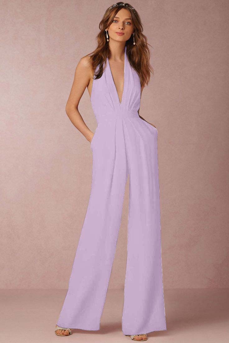 Newinlook Casual Black Deep V-Neck Halter Long Daily Jump Suit