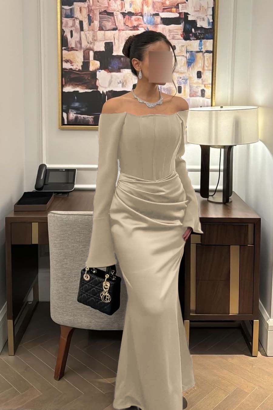 Strapless Long Sleeves Mermaid Long Formal Dress With Pleated