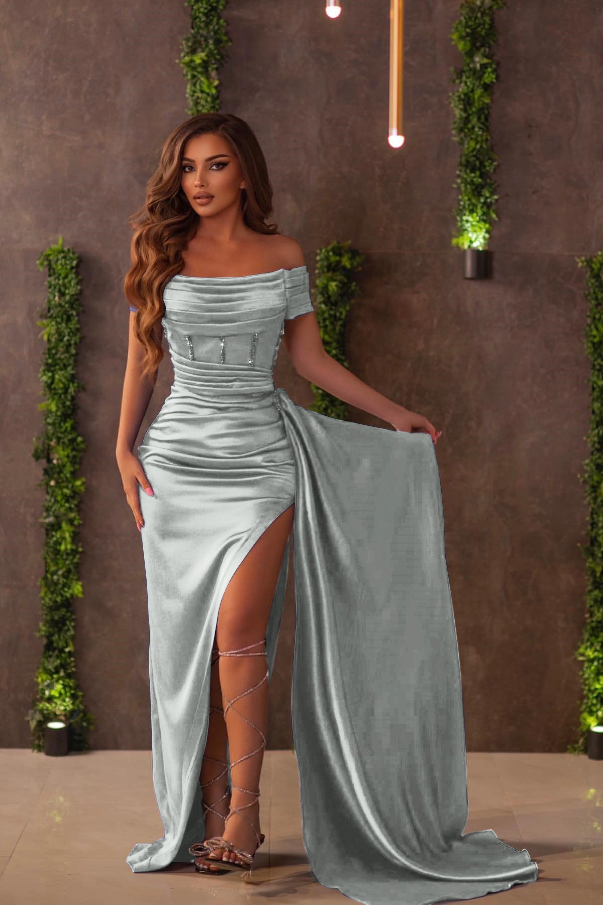 Newinlook Royal Blue Off-the-Shoulder Split Evening Dress With Ruffles