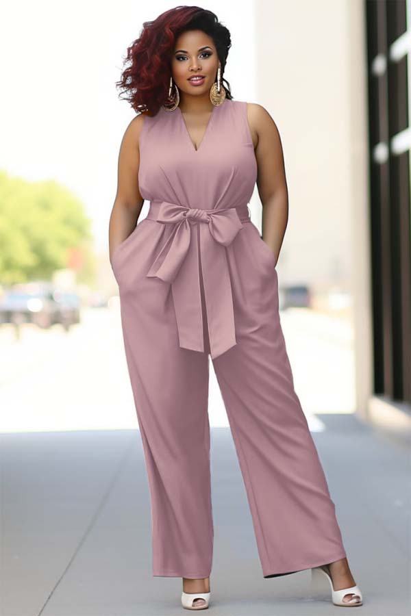 Newinlook Pool Blue V-Neck Sleeveless Jump Suit With Bow Belt