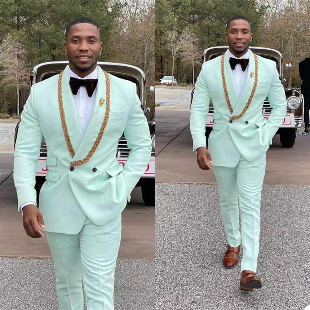 Newinlook Conor Mint Green Shawl Lapel Double-Breasted Wedding Suit with Appliques